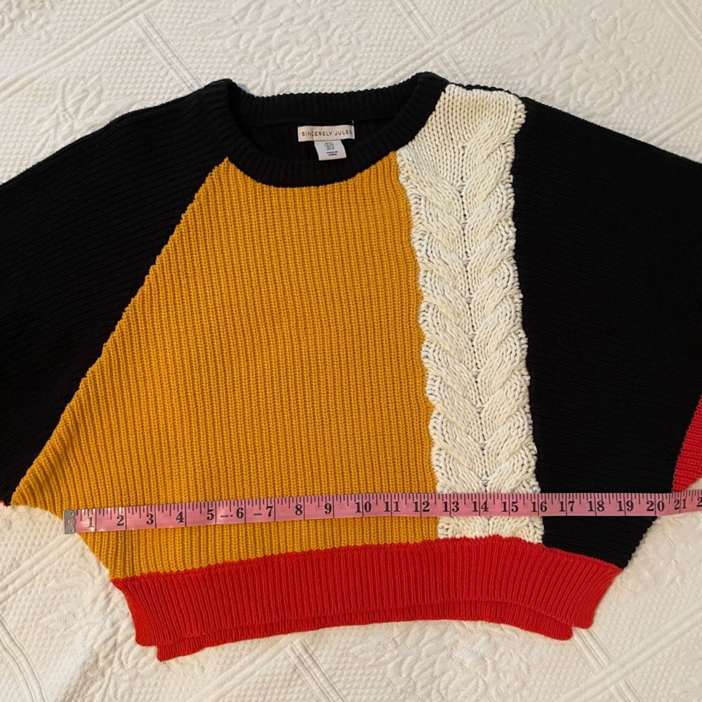 Sincerely Jules ColorBlock Cropped Sweater Black Yellow Orange Cream Small - Picture 12 of 12